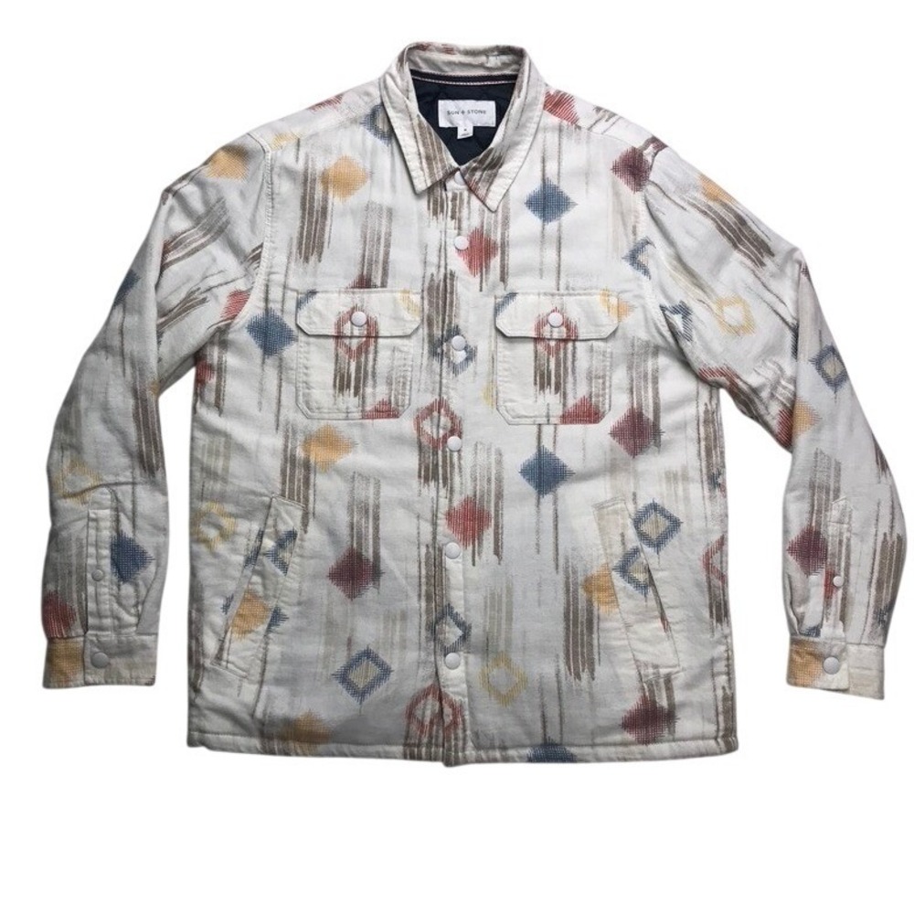 Sun + Stone Mens Quilted Lined Shirt Jacket Medium White Tribal Geometric